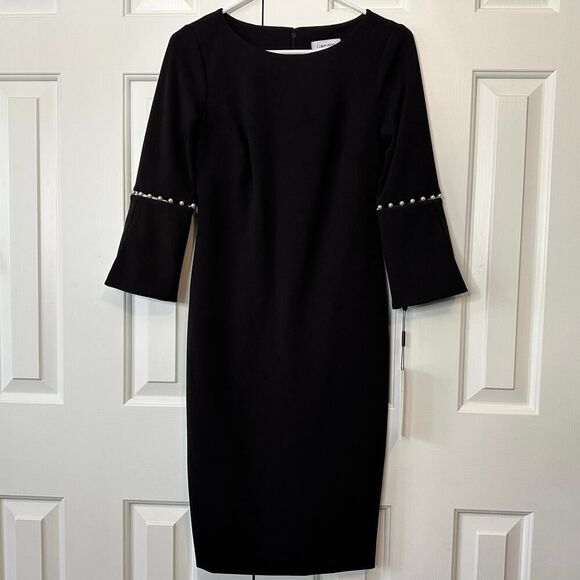 Calvin Klein Little Black Sheath Dress | NWT Size 2 | Bell Sleeve Pearl Detail - Picture 11 of 13